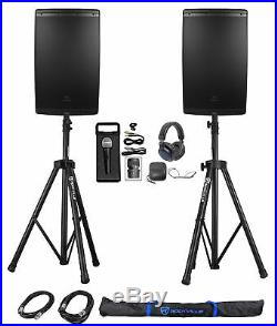 (2) JBL EON615 15 2000 Watt Powered DJ PA Speakers+Stands+Cables+Mic+Headphones