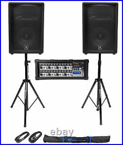 (2) JBL Pro JRX212 12 2000w PA/DJ Speakers+Powered Mixer withBluetooth+Stands
