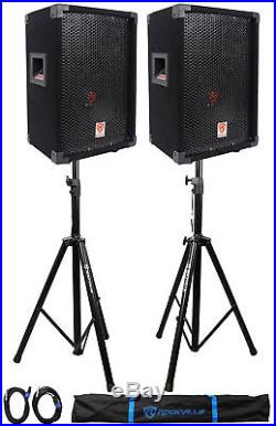 (2) Rockville RSG8 8 300 Watt 2-Way 8-Ohm Passive DJ PA Speaker +Stands +Cables