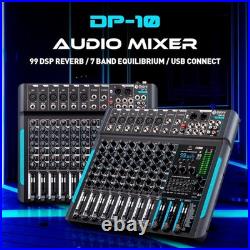 Audio Mixer, 10-Channel Professional Stereo Mixer, 99 DSP Reverb, 7-Band Equa