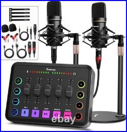 Podcast Equipment Bundle for 2, RGB Audio Interface with XLR Condenser Microphon