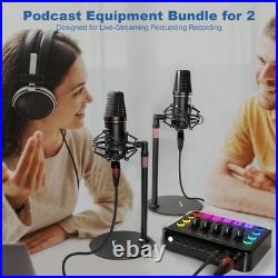 Podcast Equipment Bundle for 2, RGB Audio Interface with XLR Condenser Microphon