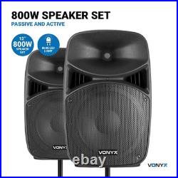 Vonyx VPS122A 12 Active PA Speakers with Bluetooth & Stands 800W Power