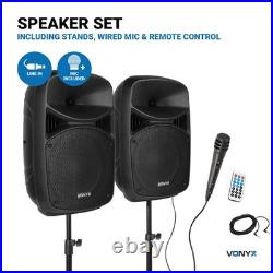 Vonyx VPS122A 12 Active PA Speakers with Bluetooth & Stands 800W Power
